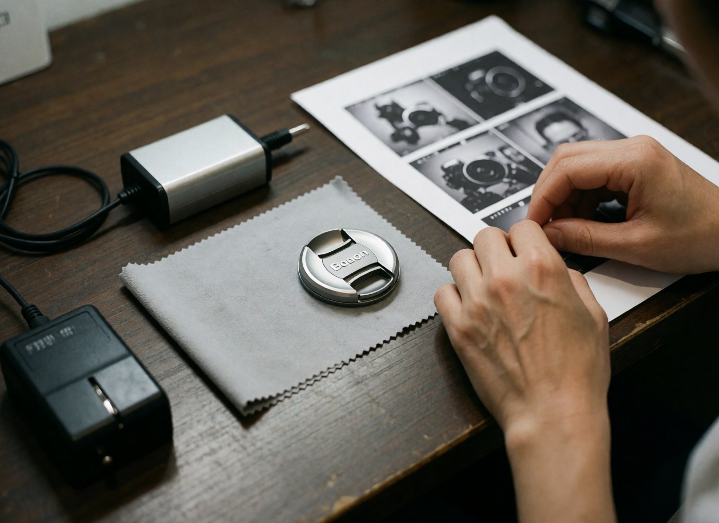 Close-up of photographer hands cleaning a camera lens with a microfiber cloth on a dark wooden desk alongside a charger and contact sheet