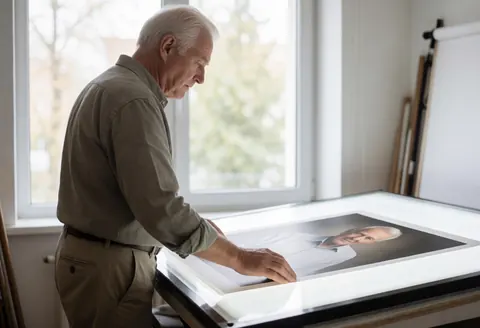 A male photographer stands at a table in a studio, carefully inspecting a final photographic print under natural light from a window.