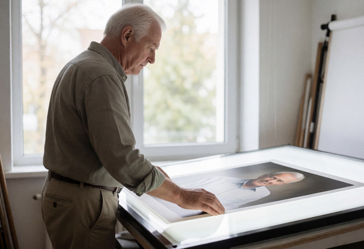 A male photographer stands at a table in a studio, carefully inspecting a final photographic print under natural light from a window.