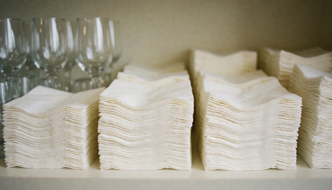 Clean white textured background with subtle wedding table setting elements including glasses and napkins, ideal for event and wedding business text overlays