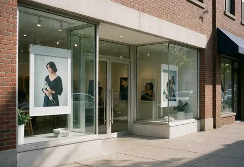Exterior view of a modern photography studio featuring a brick wall, large display windows with art, and an elegant glass entrance.