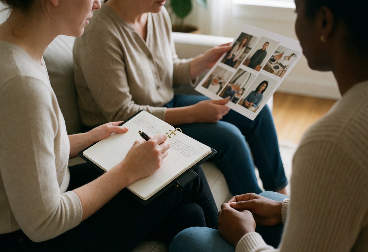 A planner takes notes while a client reviews a mood board with decor photos on a sofa in a relaxed professional setting