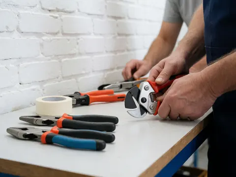 Close-up view of various plumbing tools arranged on a workbench surface, including pipe cutters and other essential equipment for plumbing work.