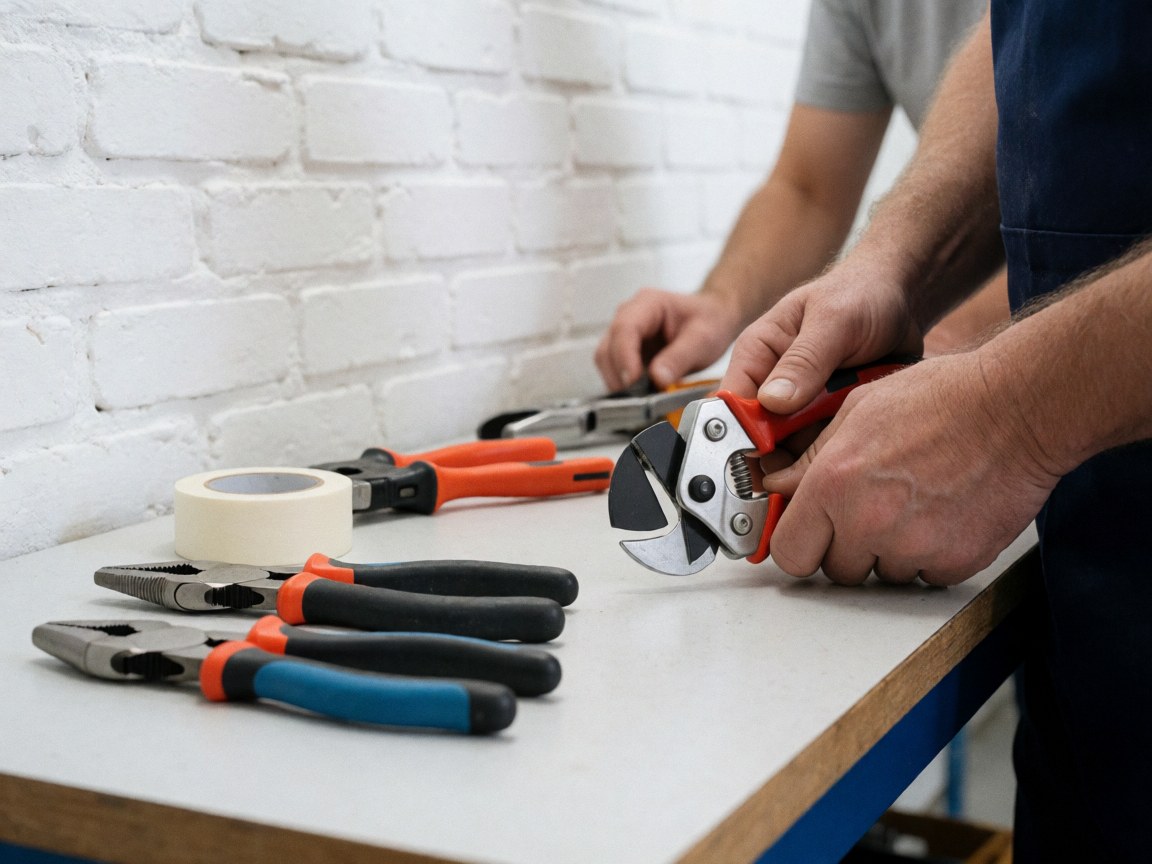Close-up view of various plumbing tools arranged on a workbench surface, including pipe cutters and other essential equipment for plumbing work.