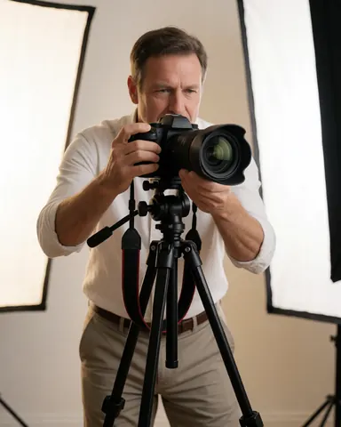 Professional photographer adjusting a camera on a tripod in a clean studio with softbox lighting.