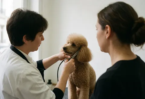 A professional groomer carefully trimming the fur of a poodle with scissors in a bright salon setting