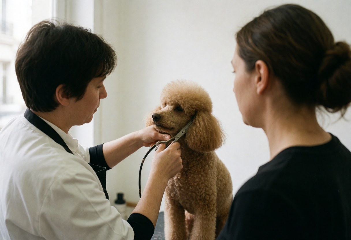 A professional groomer carefully trimming the fur of a poodle with scissors in a bright salon setting