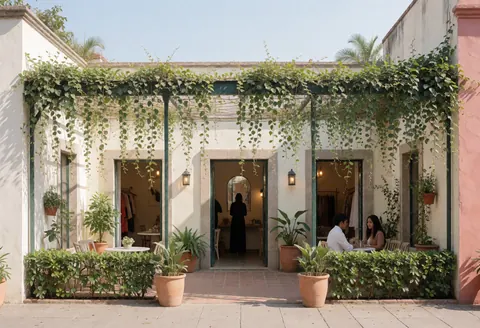Outdoor event patio featuring tables and chairs, hanging vegetation, white and pink walls, and guests enjoying the sun.