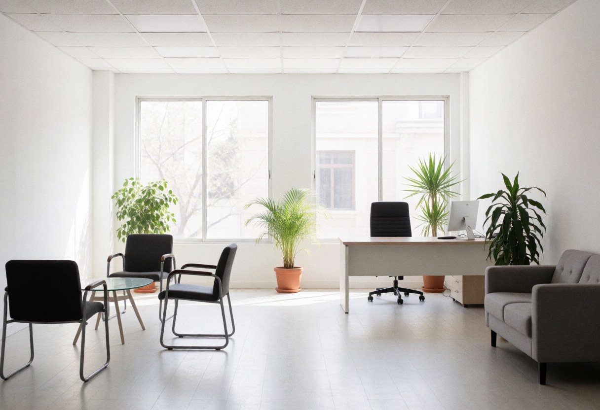 Empty modern real estate office with furniture, plants, large windows, white walls, and natural light creating a professional minimalist atmosphere