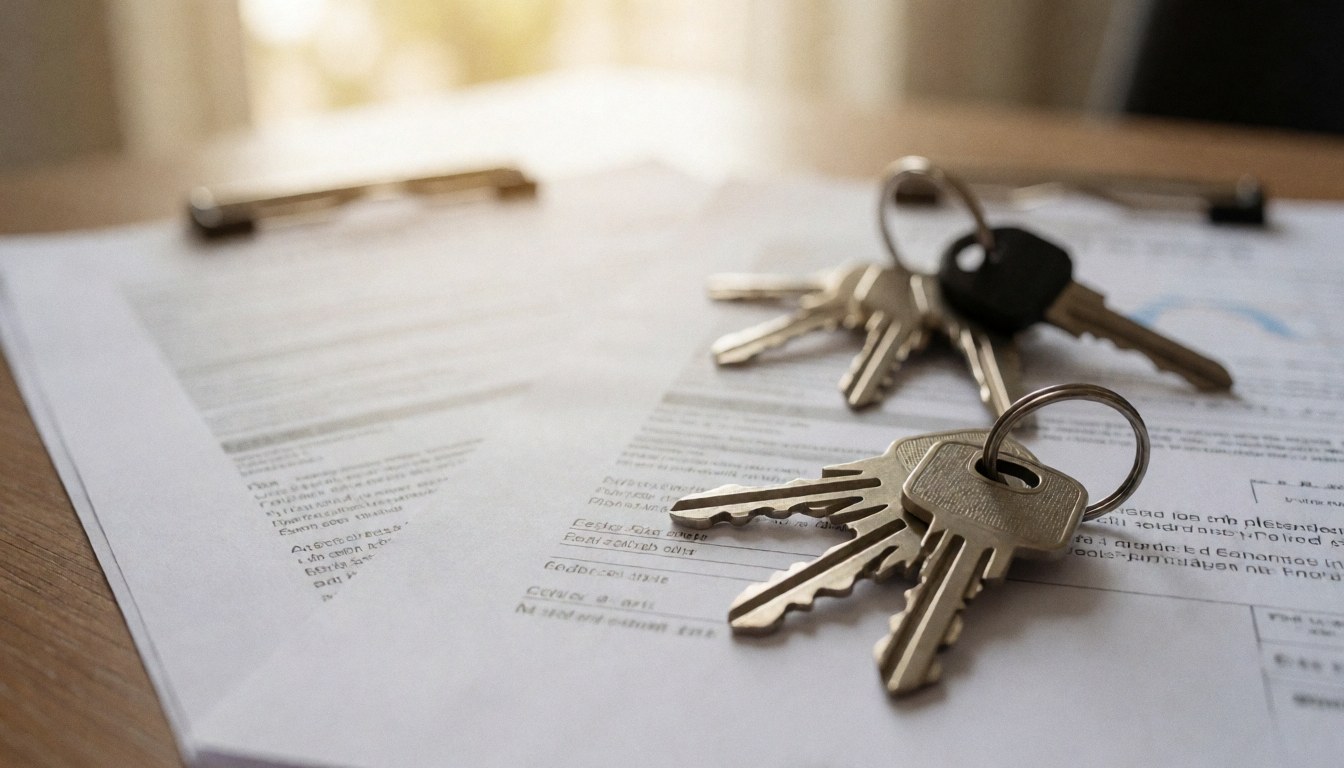 House keys and real estate documents resting on a wooden table with warm lighting and a blurred background