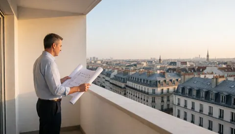 A luxurious balcony overlooking a European city skyline during golden hour, featuring white walls, windows, and a professional figure in formal attire.