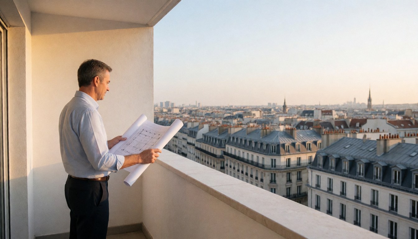 A luxurious balcony overlooking a European city skyline during golden hour, featuring white walls, windows, and a professional figure in formal attire.