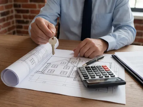Close-up of work tools including a wrench, blueprint, calculator, and pen arranged on a wooden desk surface for real estate business
