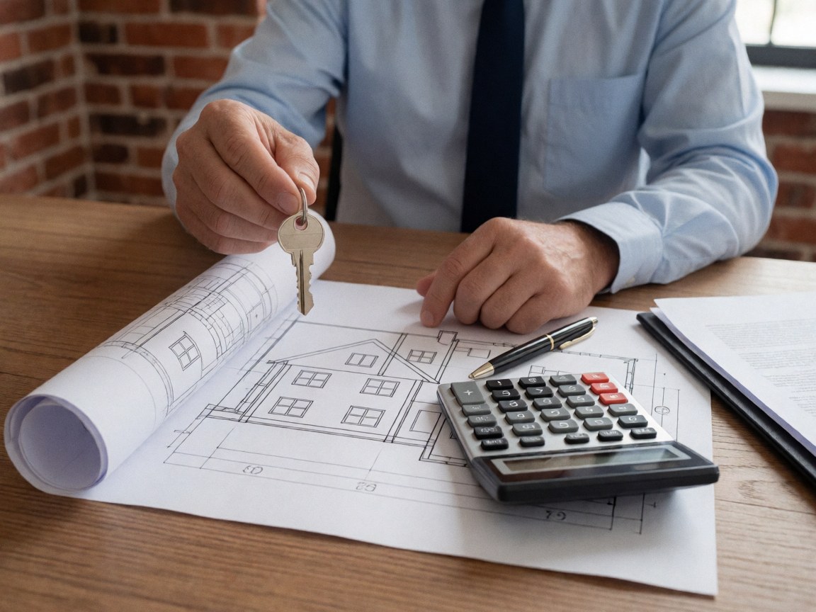 Close-up of work tools including a wrench, blueprint, calculator, and pen arranged on a wooden desk surface for real estate business