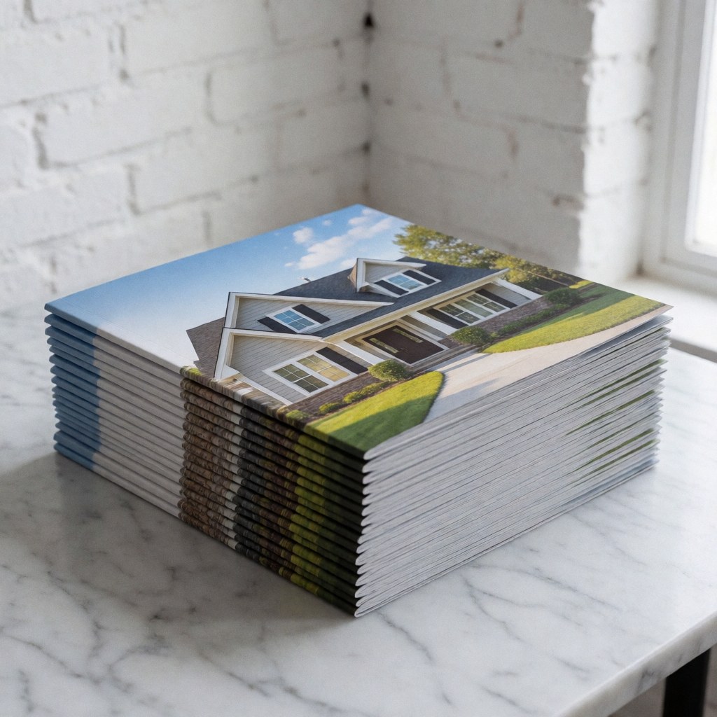 Stack of real estate brochures arranged neatly on a white marble table surface with natural lighting