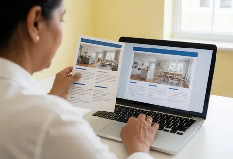 A professional woman reviews a property brochure while comparing images on her laptop in an office with light yellow walls and natural light