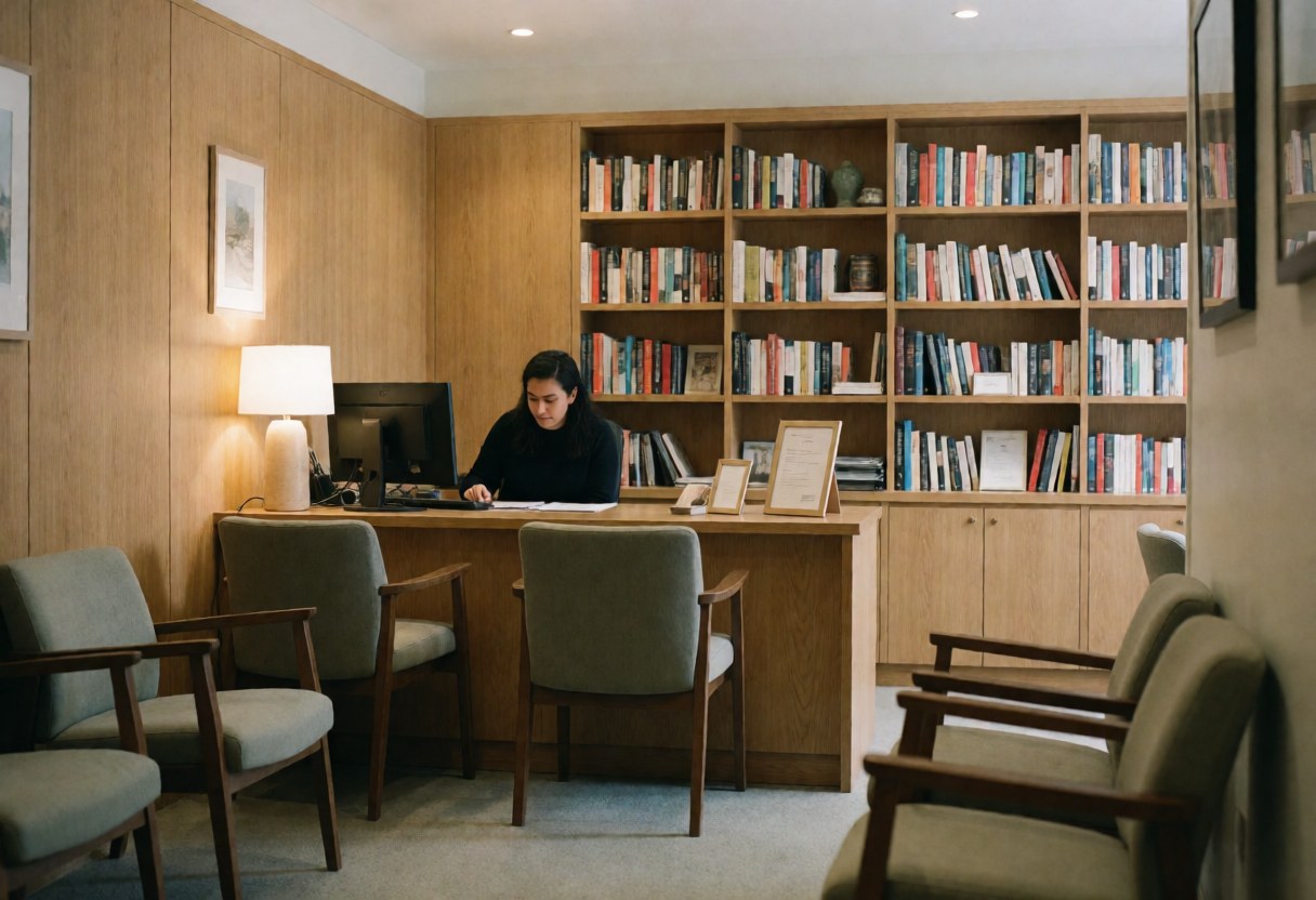A real estate office reception area featuring a wooden desk, waiting chairs, and bookshelves. A person works at the computer under warm lighting.