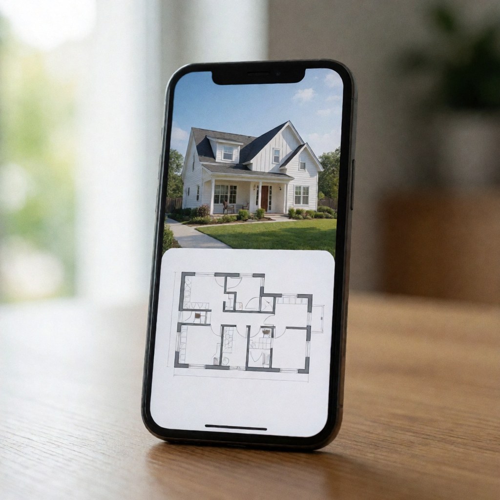 Close-up of a smartphone resting on a wooden desk displaying a real estate application interface for property listings
