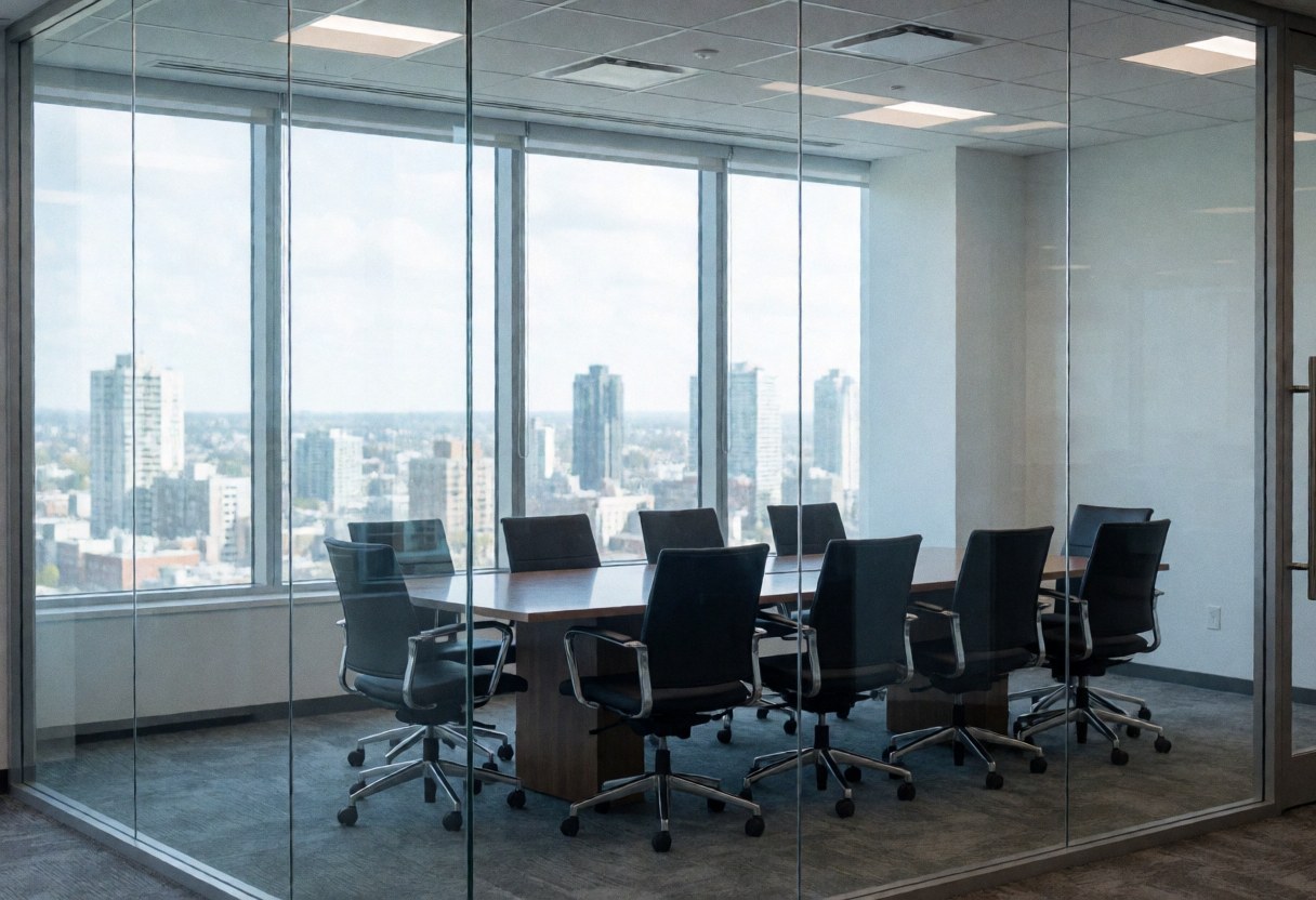 An empty modern conference room featuring a large table, office chairs, and floor-to-ceiling windows overlooking the urban cityscape