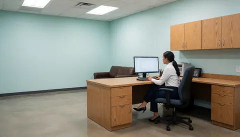 A professional woman working at a desk in a daytime security office environment using a computer