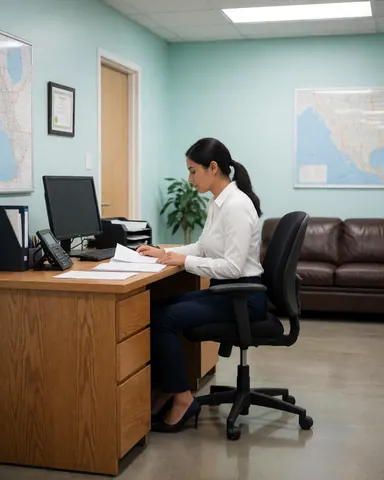 Woman in security office reviewing documents at desk with map and certificate on wall, swivel chair, and computer.