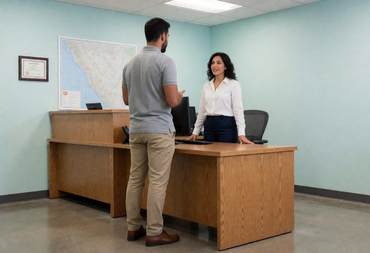 A security officer in a polo shirt assists a client at a desk in a clean office, with a map and certificate on the wall.