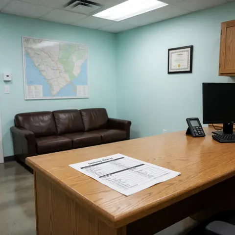 Printed security report on a wooden desk in an office with a sofa, map, and certificate on the wall