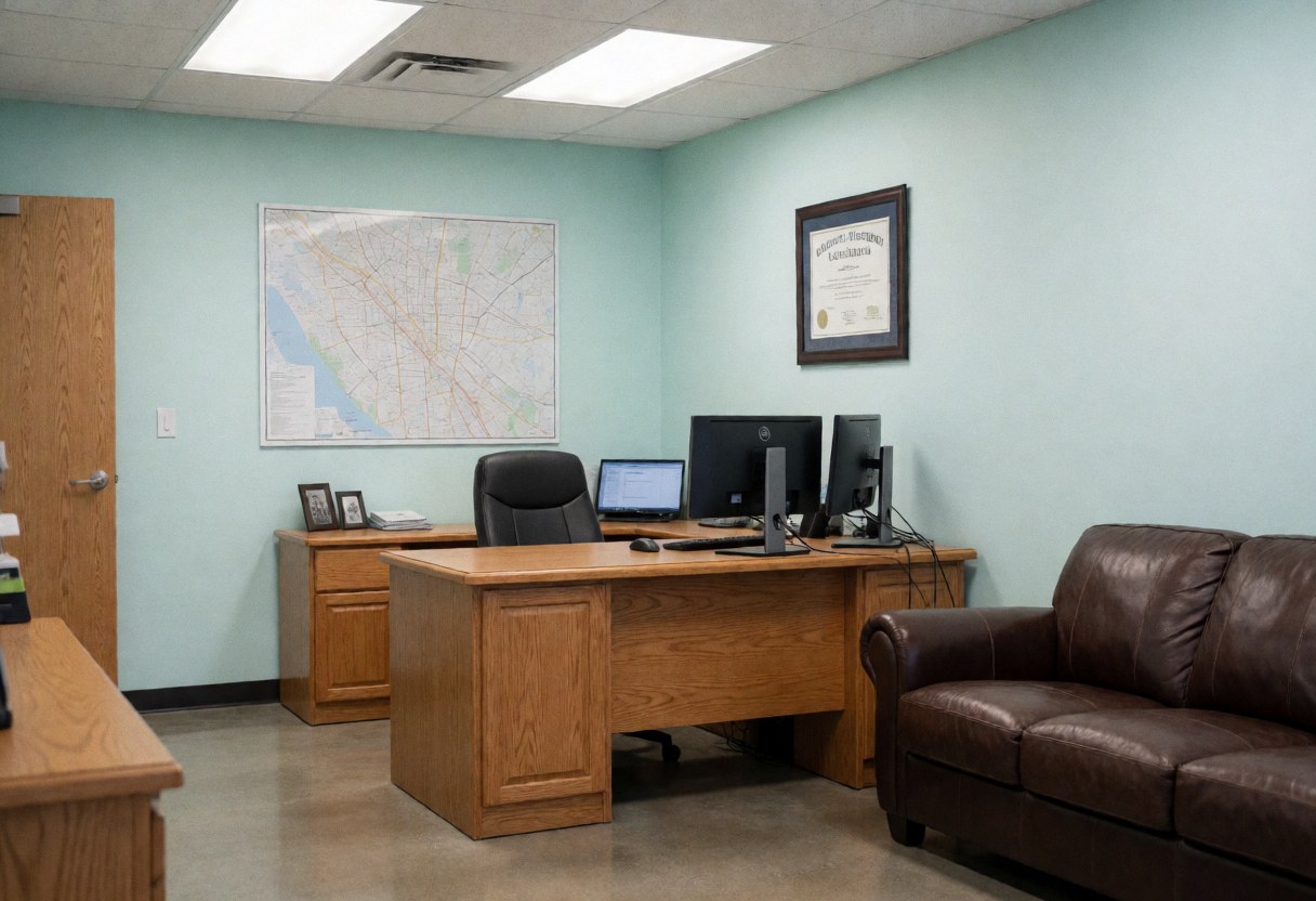 Empty security office featuring a wooden desk, monitors, leather sofa, city map, and certificate on turquoise walls with polished concrete floor.