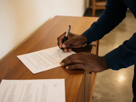 Close-up of a hand signing a document on a wooden desk with a white wall and polished concrete floor in a professional insurance setting