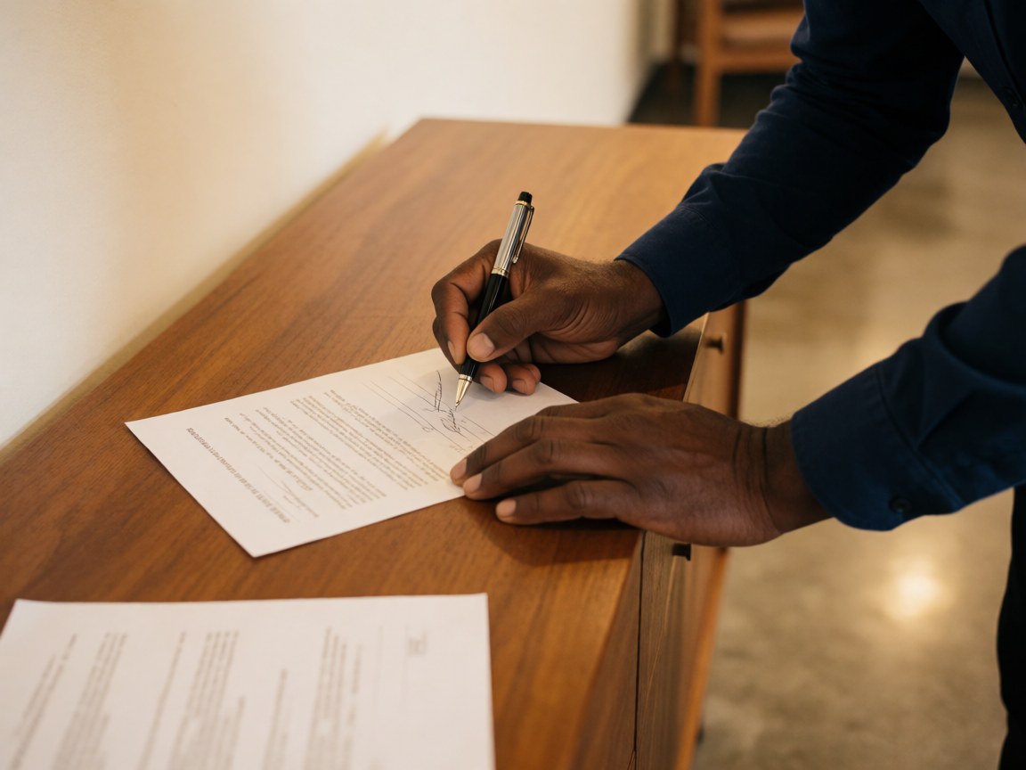 Close-up of a hand signing a document on a wooden desk with a white wall and polished concrete floor in a professional insurance setting