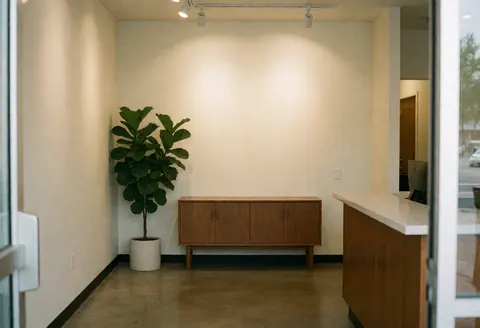 A clean and modern empty office interior with a credenza, concrete walls, and natural light from a window, ready for business use