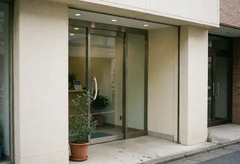 A welcoming entrance to an insurance office featuring a glass door, cream-colored walls, and potted plants on the exterior facade.
