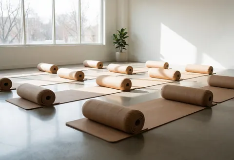 Empty yoga and pilates studio interior featuring mats, cushions, a plant, concrete floor, and natural light from a window creating a serene minimalist atmosphere.