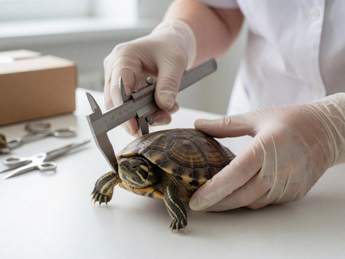 Gloved hands using calipers to measure a turtle in a veterinary clinic with medical instruments in the background