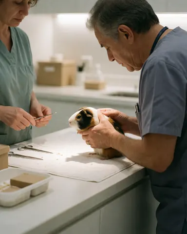 Veterinarian in blue uniform examines a guinea pig on a white table with an assistant holding instruments nearby in a modern veterinary clinic.