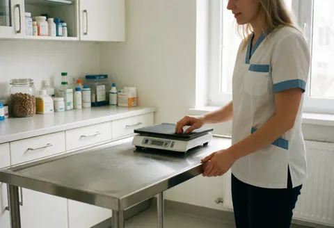 Clean and well-lit veterinary clinic interior featuring a stainless steel examination table, medical supplies, and weighing scale ready for animal care