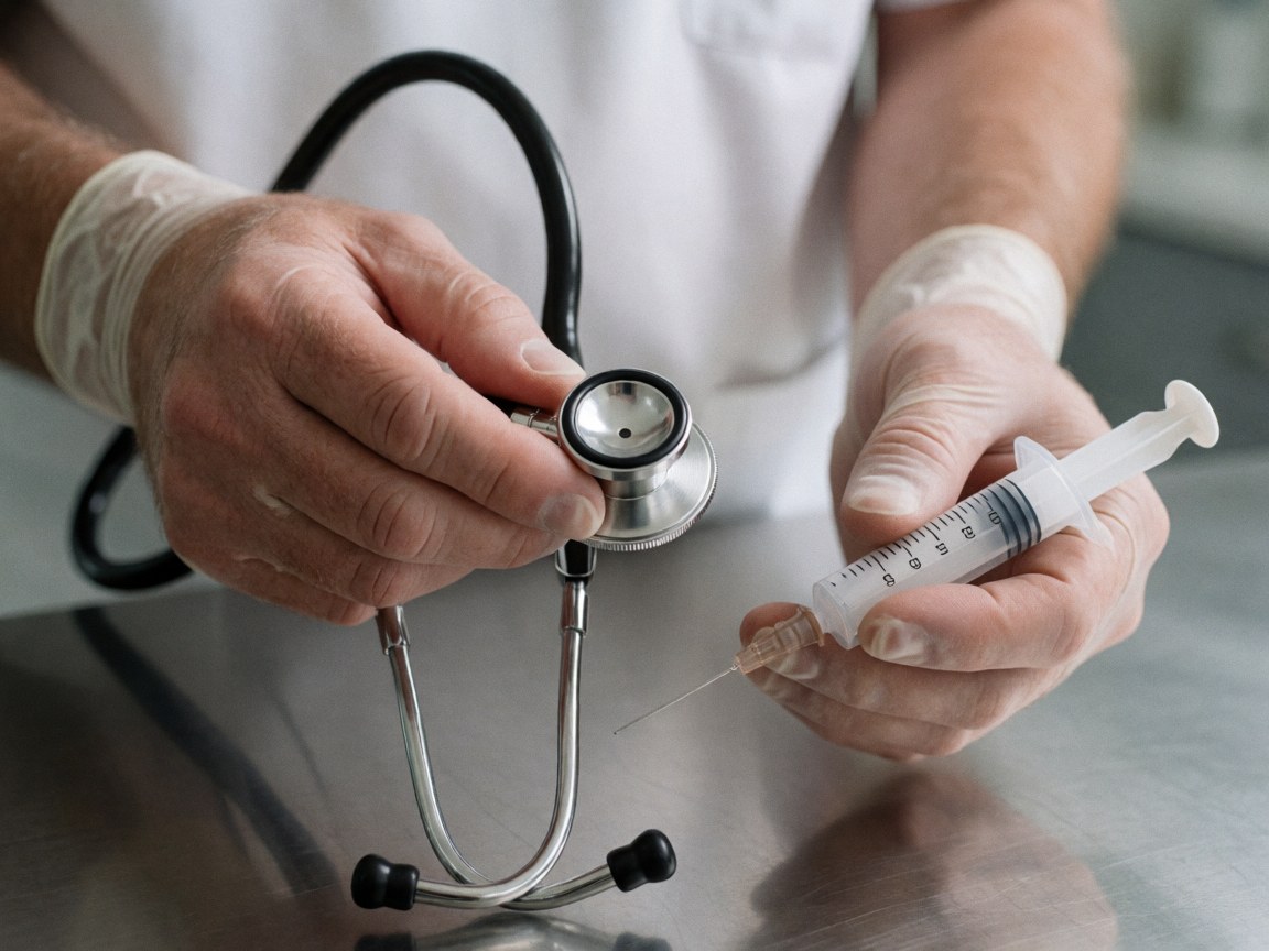Gloved hands holding a stethoscope and syringe on a metal exam table in a veterinary clinic setting
