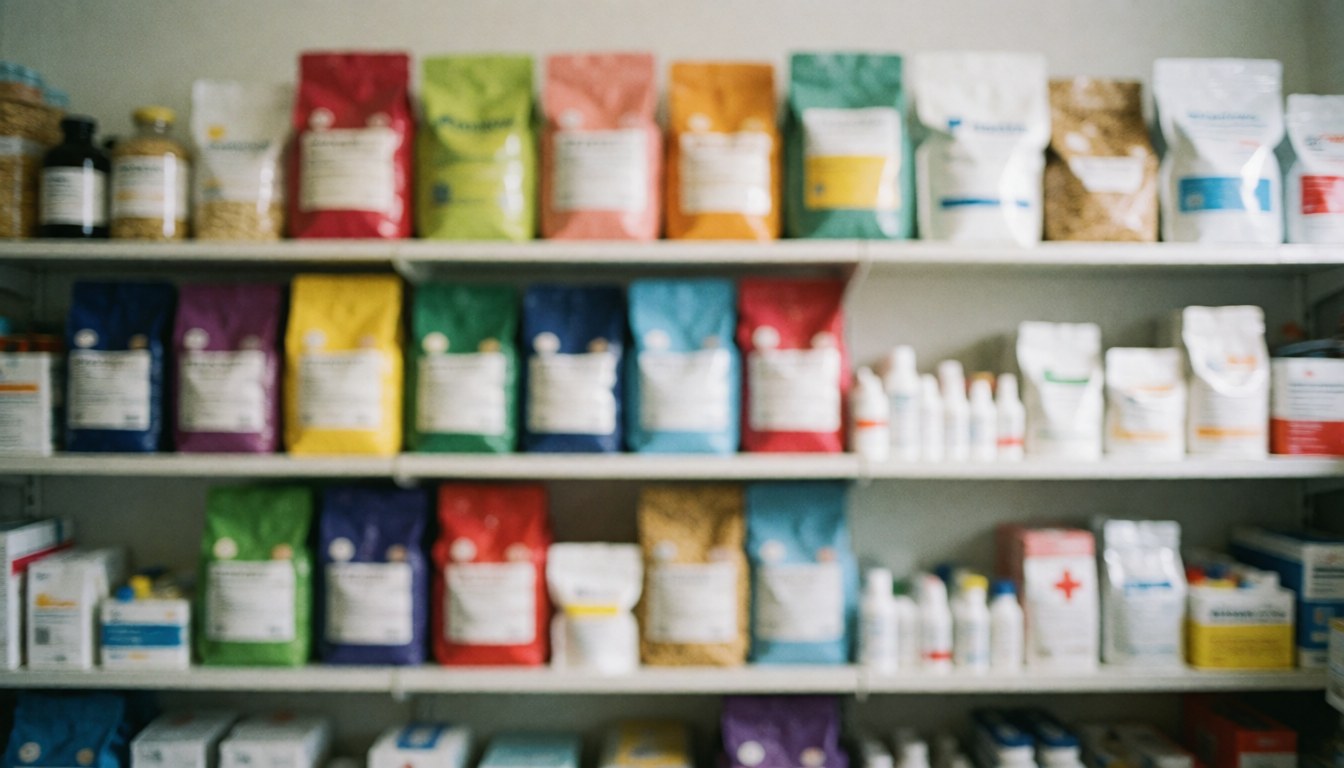 Soft focus background of shelves stocked with pet food bags and veterinary products, ideal for service or product text overlays