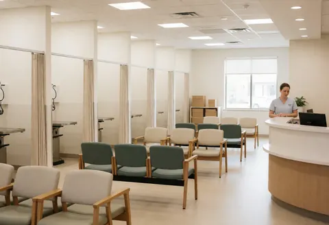 Bright empty veterinary clinic interior featuring a reception desk, waiting chairs, and clean exam rooms with natural light and professional decor