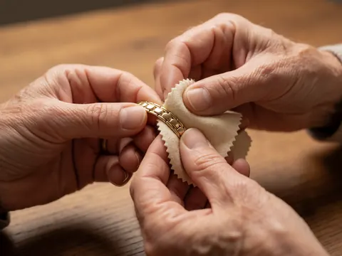 Adult hands polishing a gold bracelet with a soft cloth on a wooden table, warm light highlighting the metal's shine and fabric texture