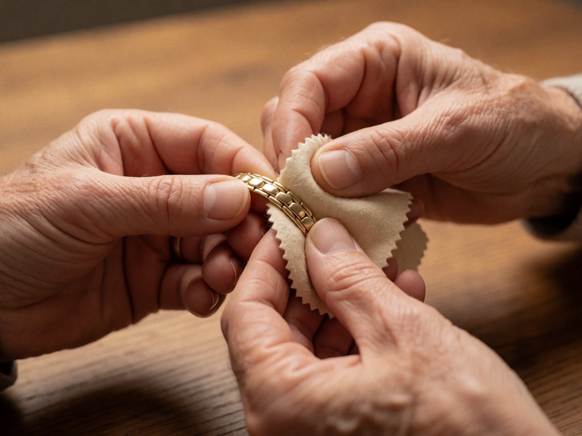 Adult hands polishing a gold bracelet with a soft cloth on a wooden table, warm light highlighting the metal's shine and fabric texture