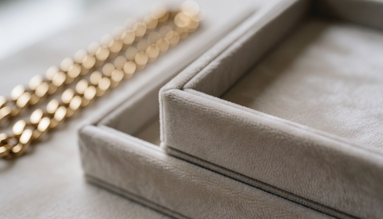 Soft focus beige velvet trays with a gold chain, elegant neutral texture background for jewelry website text overlay