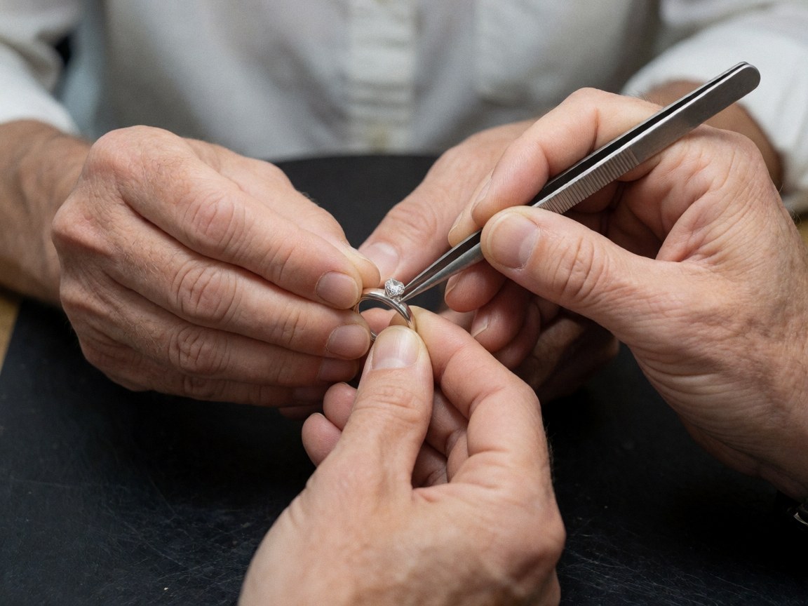 Close-up view of a diamond being set in silver using tweezers, highlighting precision jewelry craftsmanship against a dark background