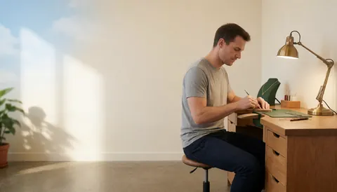 A jeweler works carefully at a wooden desk in a workshop, using tools under a bronze lamp with natural light from a white wall.