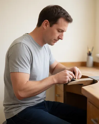 A man focused on polishing a gold jewelry item in a clean wooden workshop with tools and a workbench.