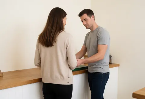 A jeweler assists a female customer at a wooden counter in a cream-walled jewelry store with a warm and professional atmosphere.
