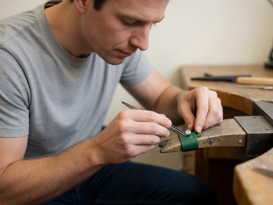Detailed macro view of specialized tools and polished gemstones used in the intricate process of jewelry craftsmanship