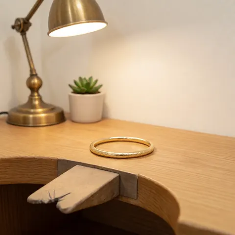 A finished piece of jewelry displayed on a wooden surface near a lamp, succulent, and white wall with warm lighting