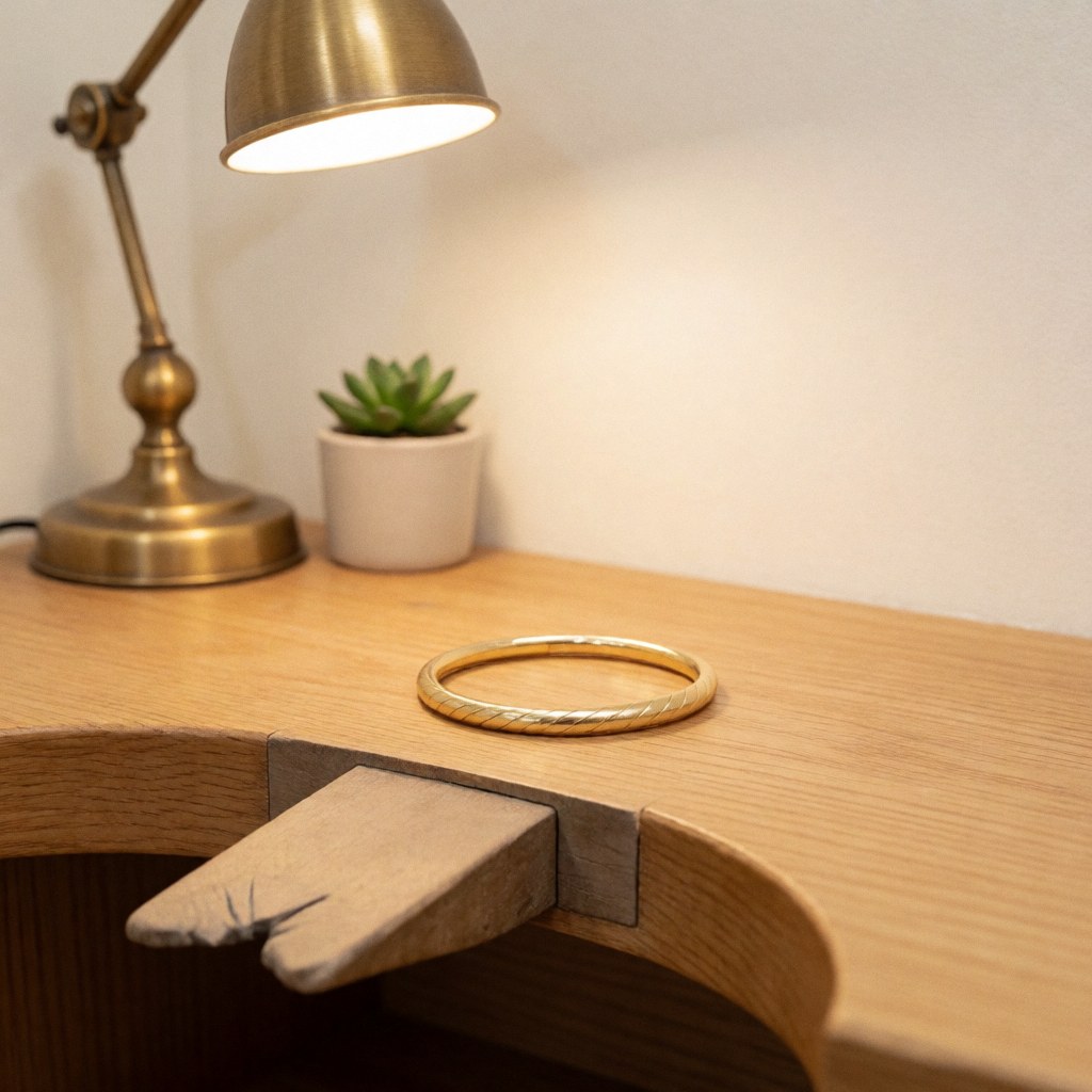 A finished piece of jewelry displayed on a wooden surface near a lamp, succulent, and white wall with warm lighting