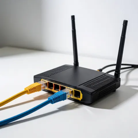 A white network router with connected ethernet cables resting on a clean white desk surface, representing IT support infrastructure.
